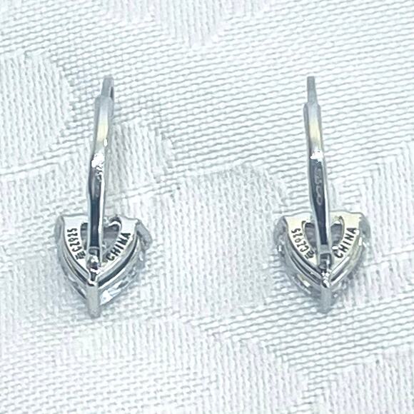Vtg Sterling Silver 925 Cz Heart Cz Lever Back Earrings Simulated Diamond - Picture 5 of 8
